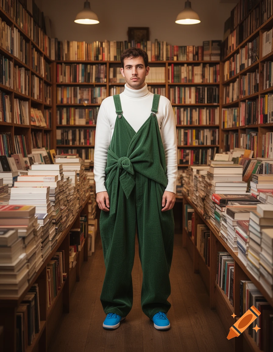 Man wearing oversized green corduroy overalls, a white turtleneck, and blue sneakers, standing in a bookstore aisle.