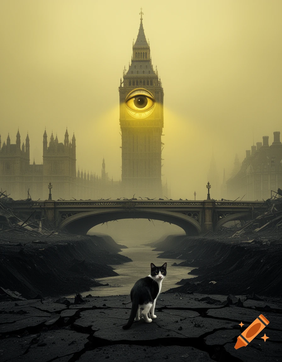 A black and white cat on cracked ground in a desolate, yellow-foggy London, with a ruined Big Ben showing a giant glowing eye.