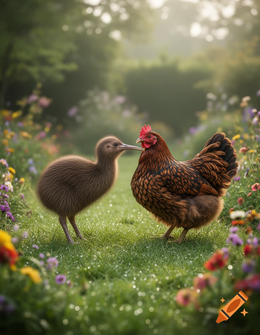 A fluffy brown kiwi bird and a brown bantam chicken stand face-to-face in a dew-kissed grassy garden among wildflowers.