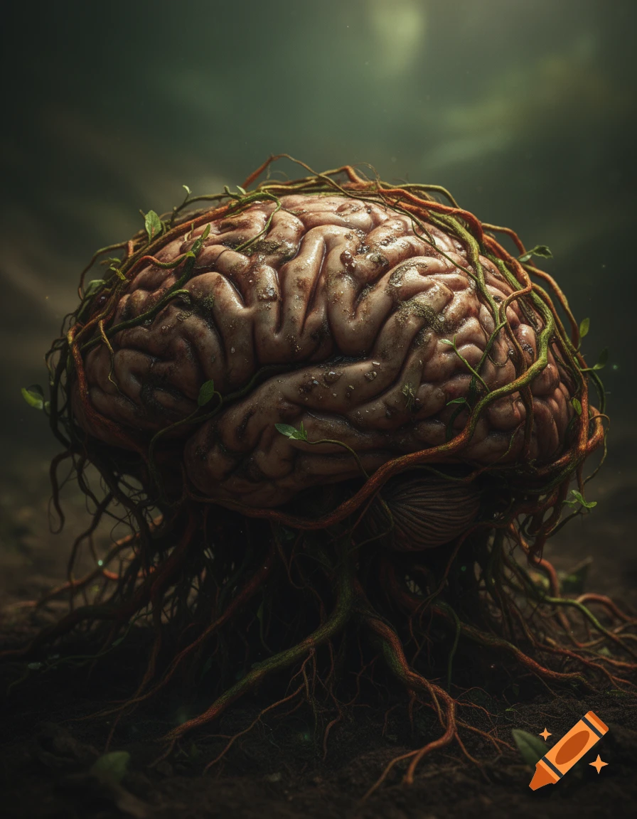 A human brain, covered in and growing out of green vines and red roots, embedded in dark soil.