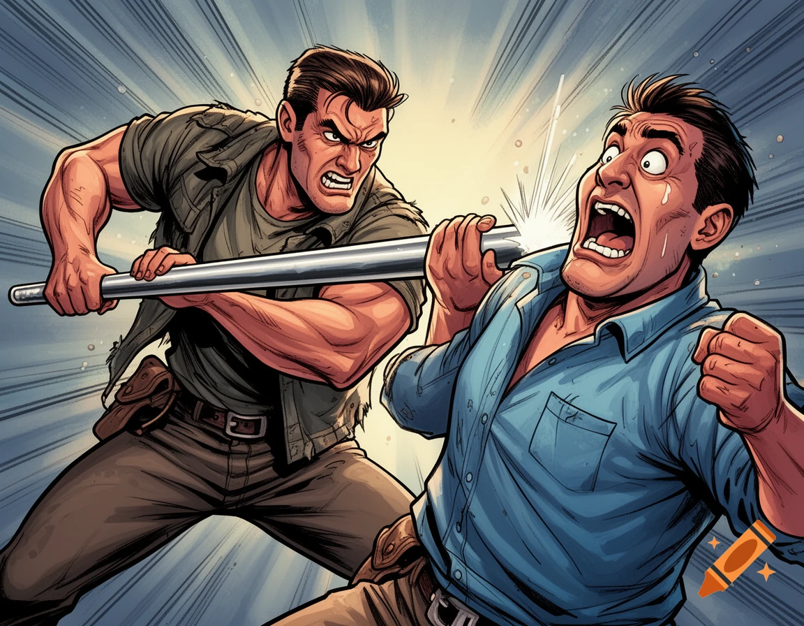 A muscular man in a ripped green shirt attacks another man in a blue shirt with a metal pipe, in a dramatic comic book style.
