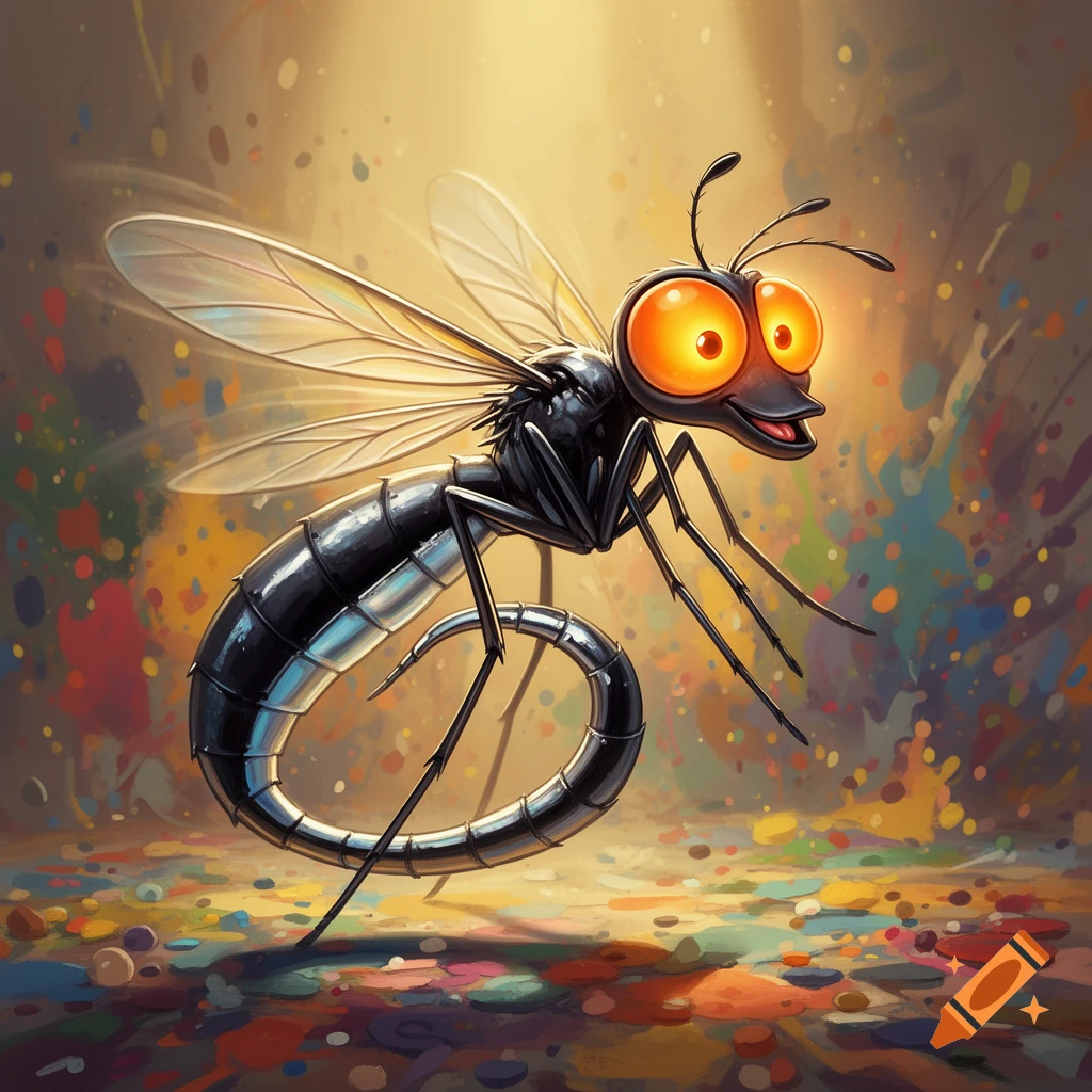 A cheerful, black cartoon mosquito with large glowing orange eyes and a metallic coiled tail, set against a vibrant, paint-splattered background.