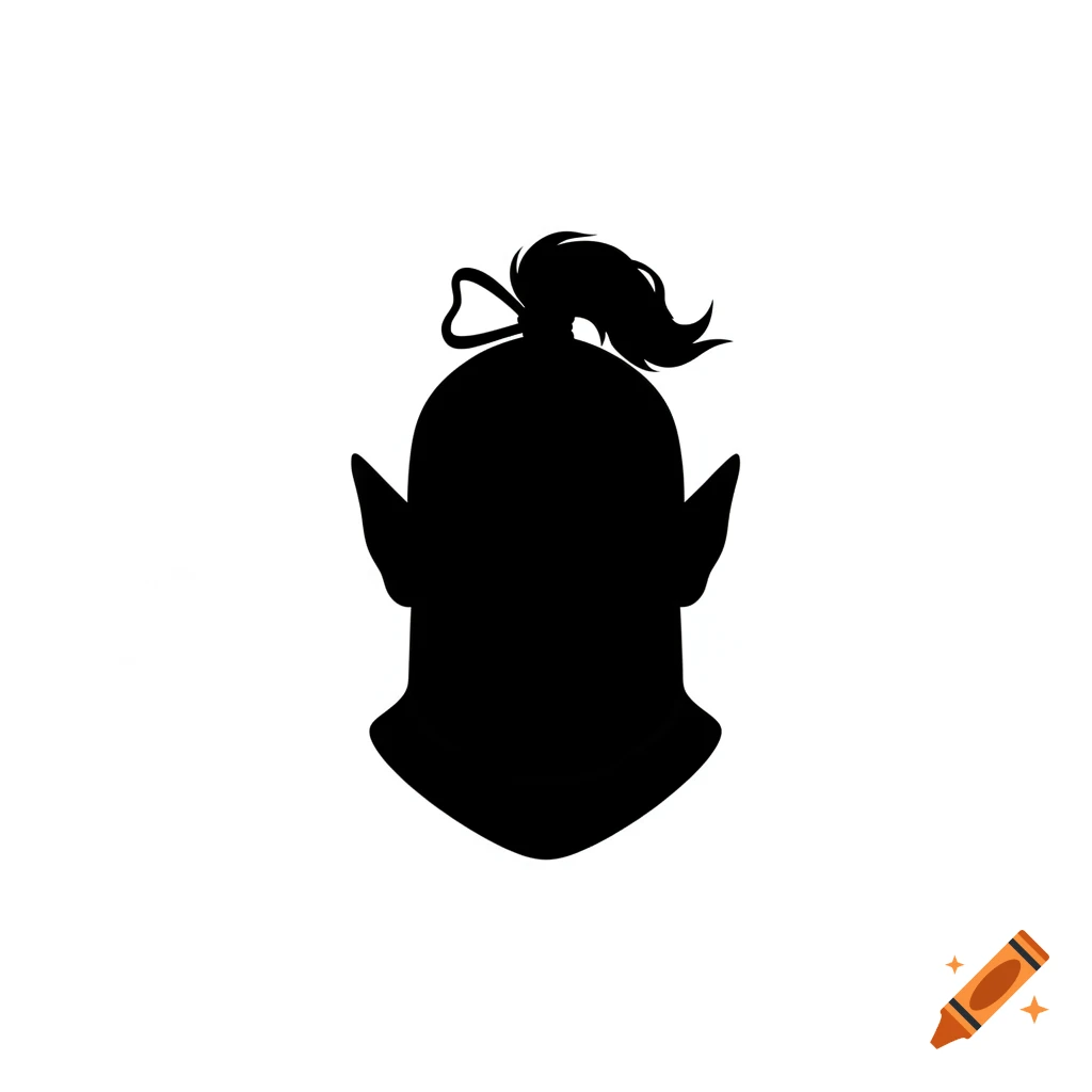Black silhouette of an orc head with pointed ears and a ponytail tied with a bow.