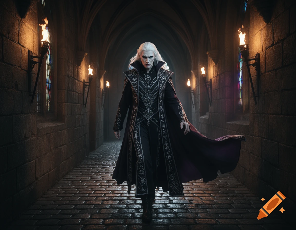 A white-haired vampire in an ornate dark sorcerer's coat walks through a dimly lit gothic stone hallway with torches.