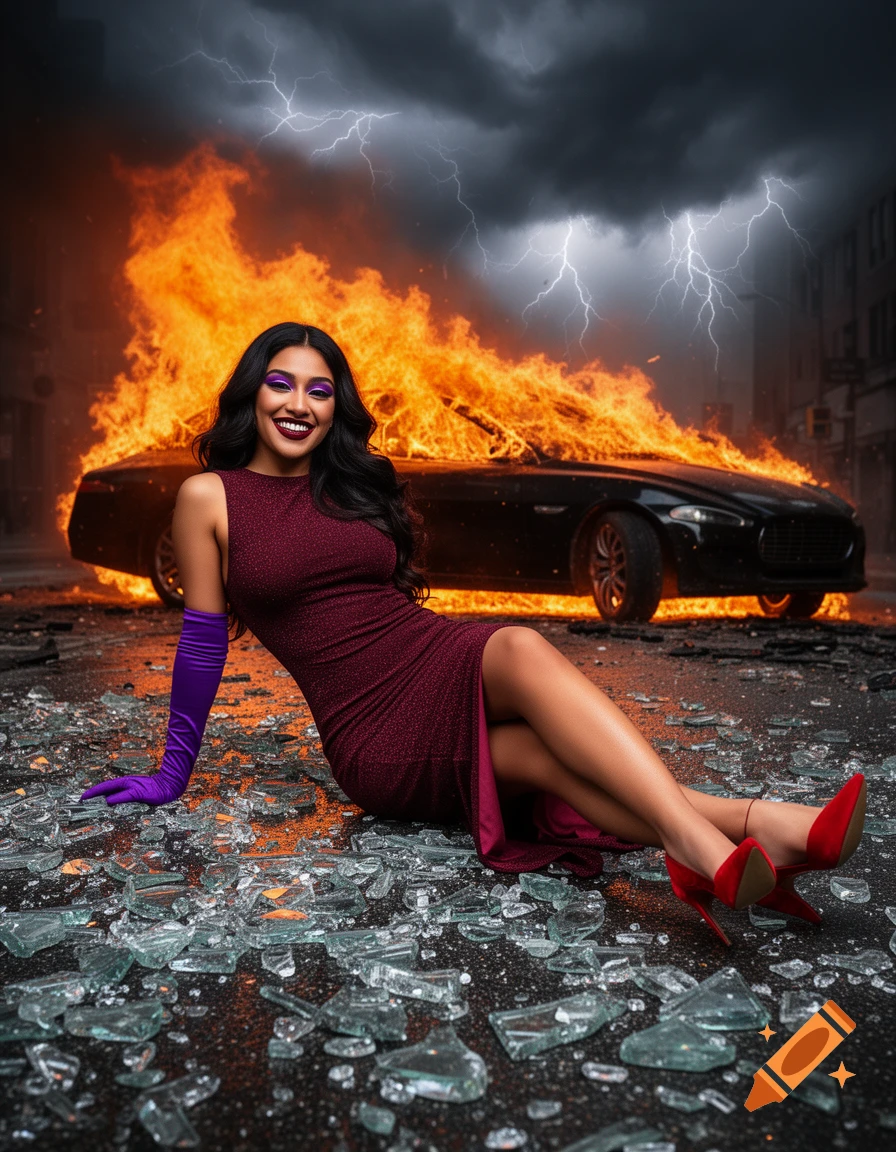 A smiling woman in a burgundy gown and purple gloves lies on a street with broken glass, with a burning car and stormy, lightning-filled sky behind her.
