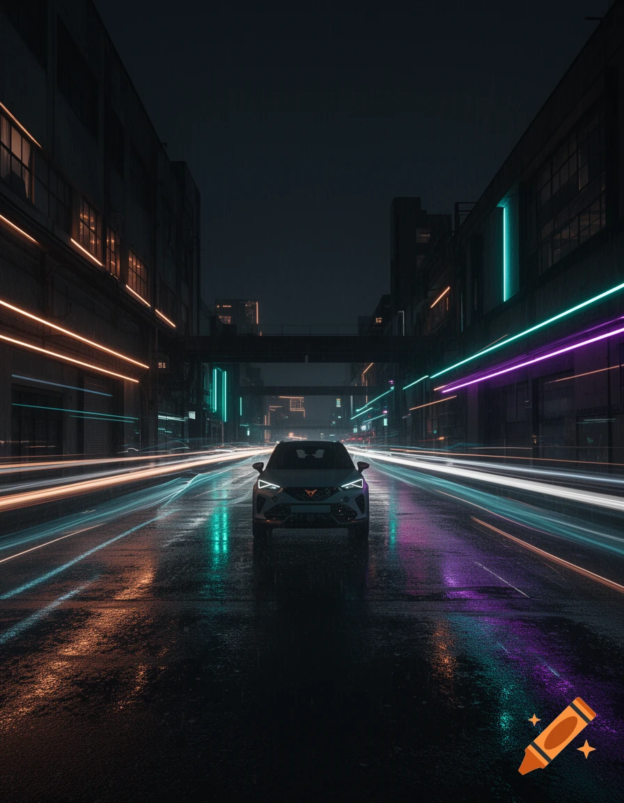 Futuristic car on a wet city street at night with neon light trails and reflections.