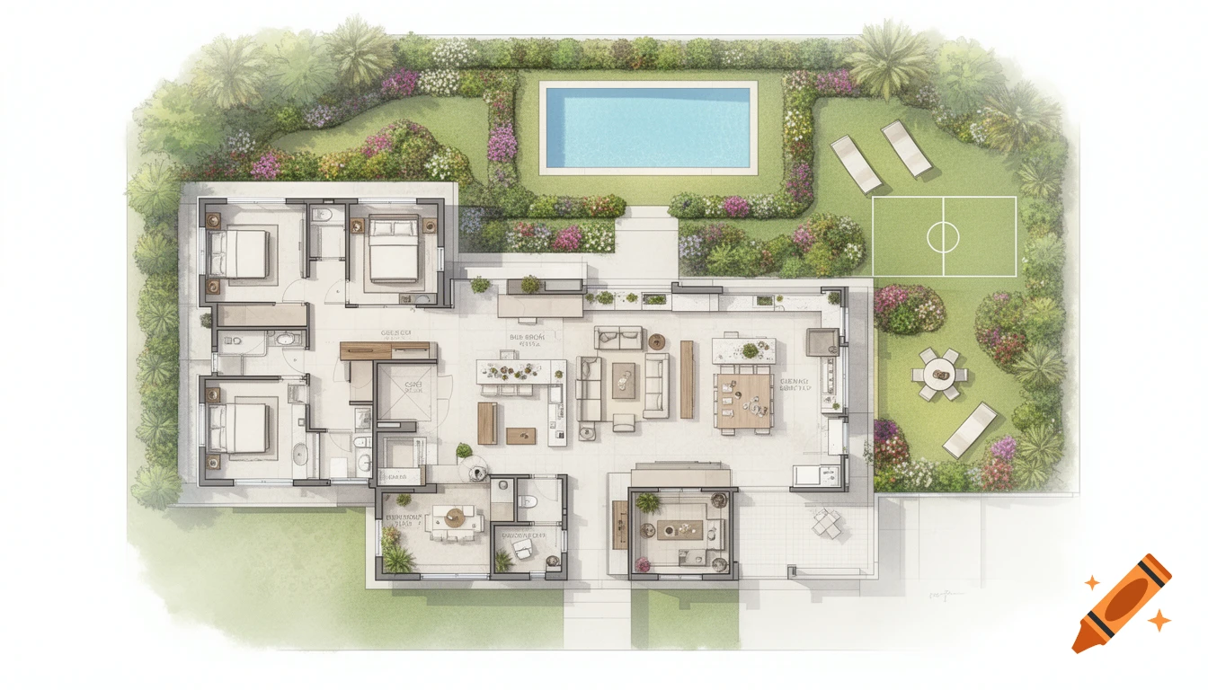 Top-down architectural floor plan of a bungalow with three bedrooms, living room, kitchen, two bathrooms, a large garden with pool, soccer field, and dining area, rendered in a watercolor-like style.