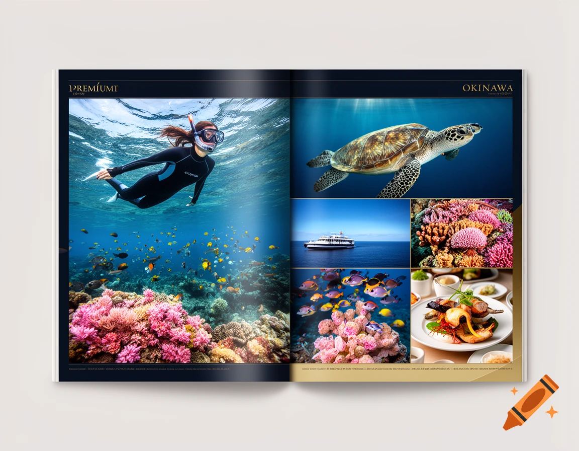 A premium travel brochure for Okinawa, showing a woman snorkeling in a coral reef with tropical fish, a sea turtle, a boat, and an appetizing meal. Stylized photo collage.