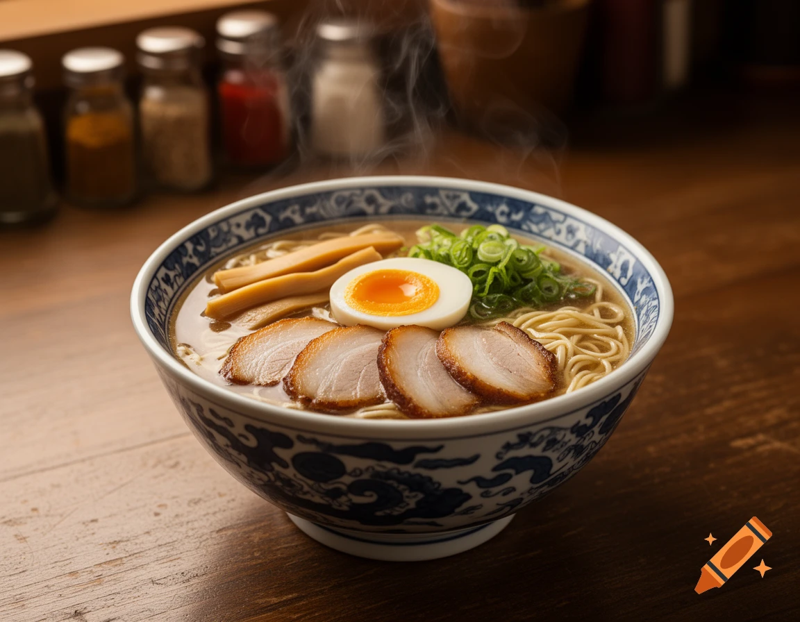 Steaming bowl of ramen with pork slices, soft-boiled egg, bamboo shoots, and green onions on a wooden table.
