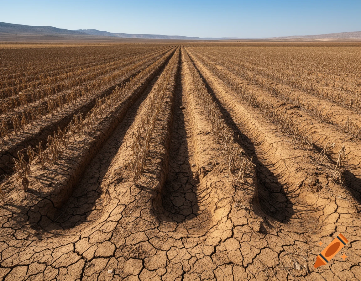 A vast, parched agricultural field with deep cracks in the soil and rows of withered plants under a bright blue sky.