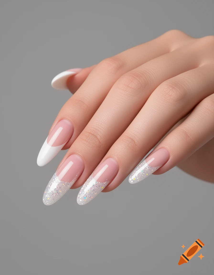 Close-up of a hand with long, glossy nails featuring nude bases, white tips, and sparkling glitter accents.