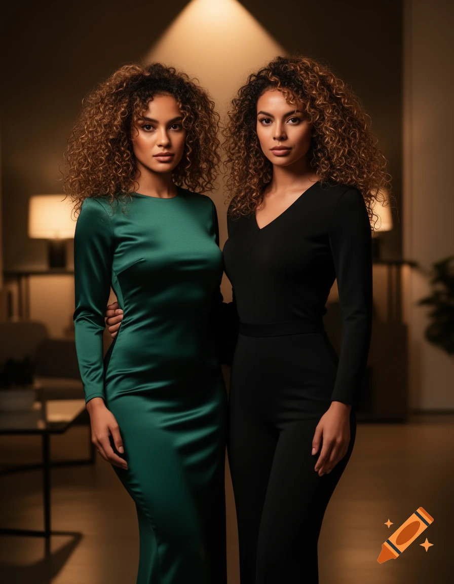 Two women with voluminous curly hair pose. One wears a long-sleeved green satin dress, the other a black long-sleeved jumpsuit.