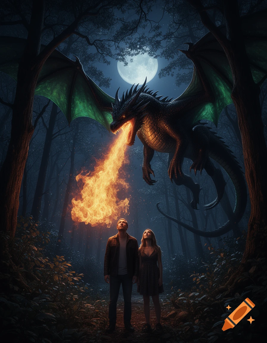 A man and a woman look up at a fire-breathing dragon flying above them in a dark, moonlit forest, photorealistic style.
