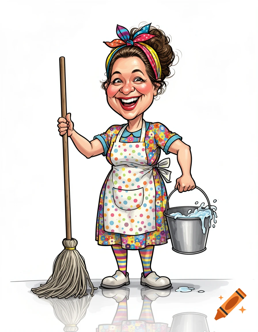 A cheerful cartoon caricature of a cleaning woman, holding a mop and a bucket of sudsy water, standing on a white background.