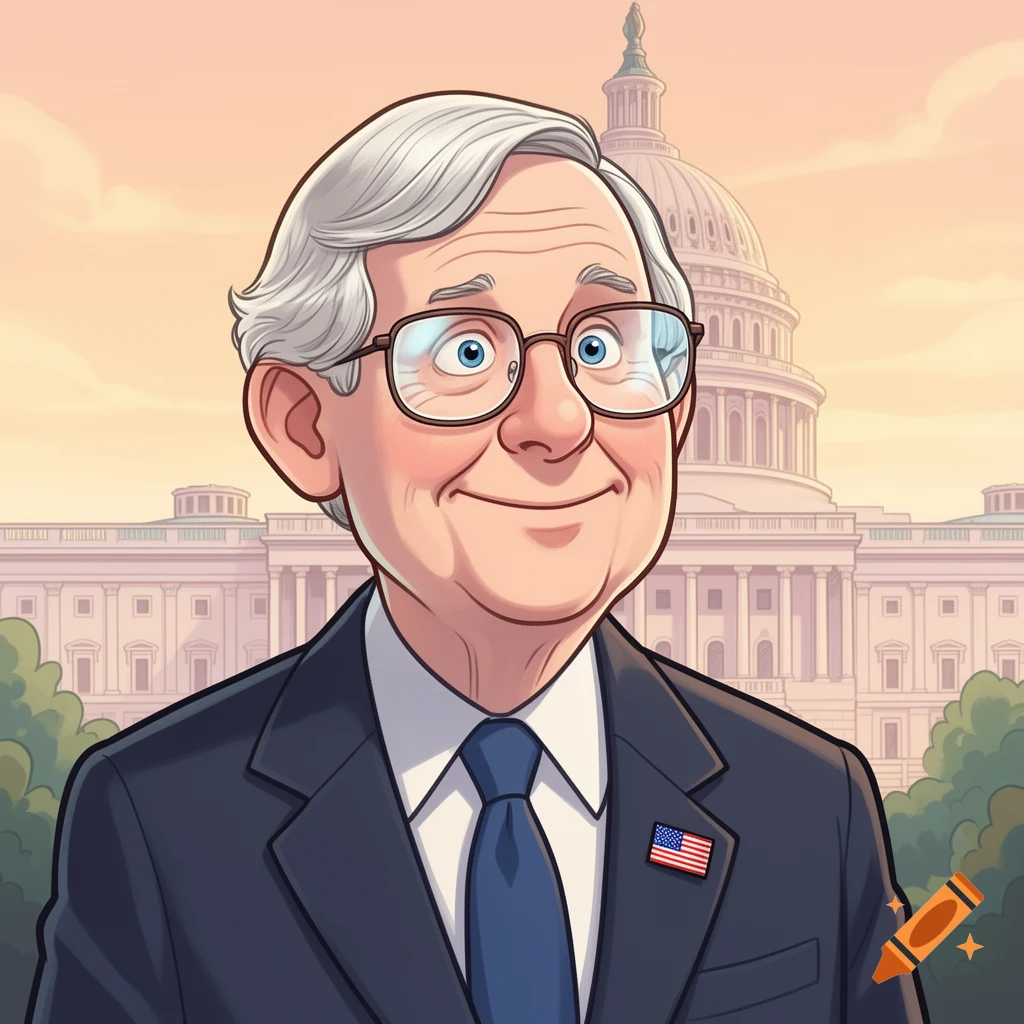 Cartoon of Mitch McConnell smiling in a suit and glasses, with the US Capitol building in the background.