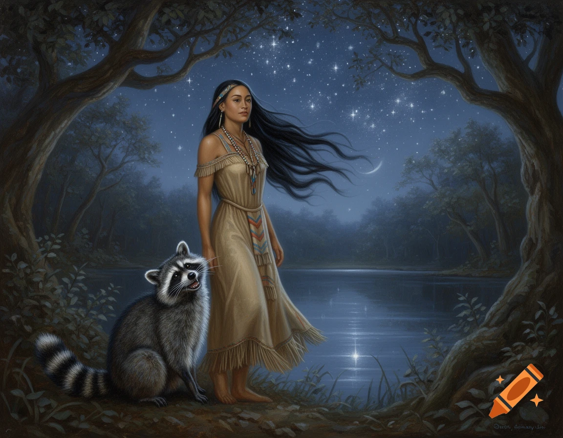 Painting of a woman in a fringed dress with long dark hair, standing barefoot beside a raccoon by a moonlit lake, under a starry night sky framed by trees.