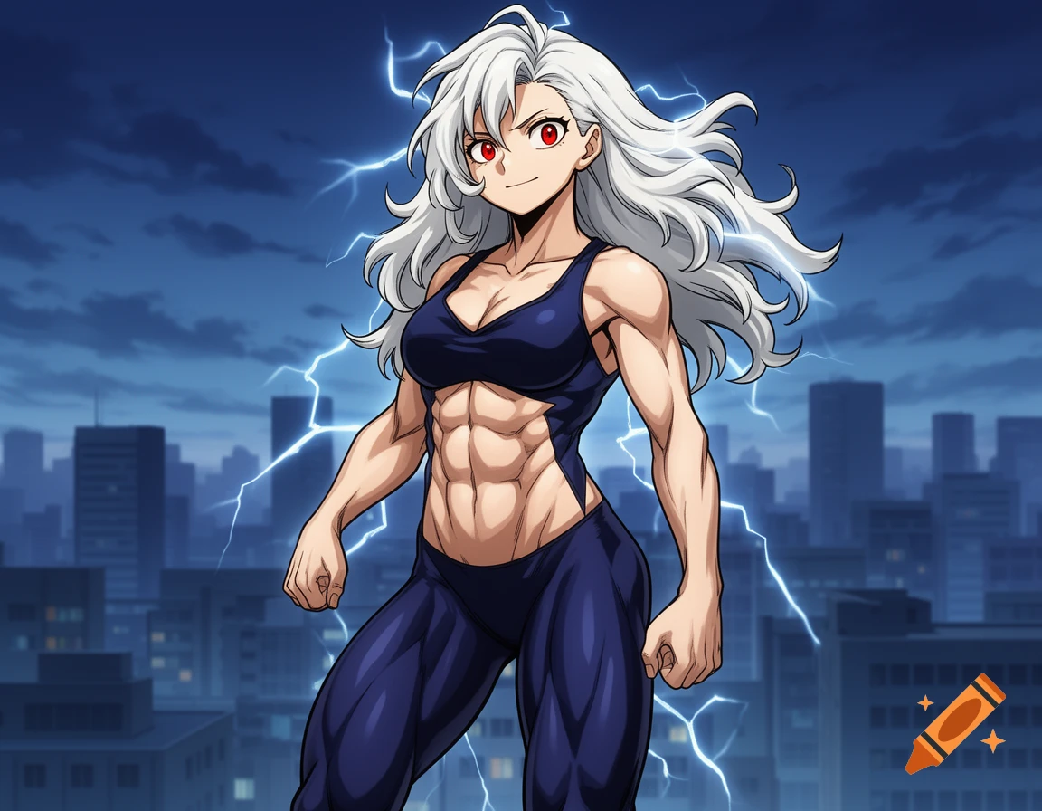 An anime-style muscular woman with white hair and red eyes, wearing a dark blue sports bra and leggings, stands before a city skyline with lightning.