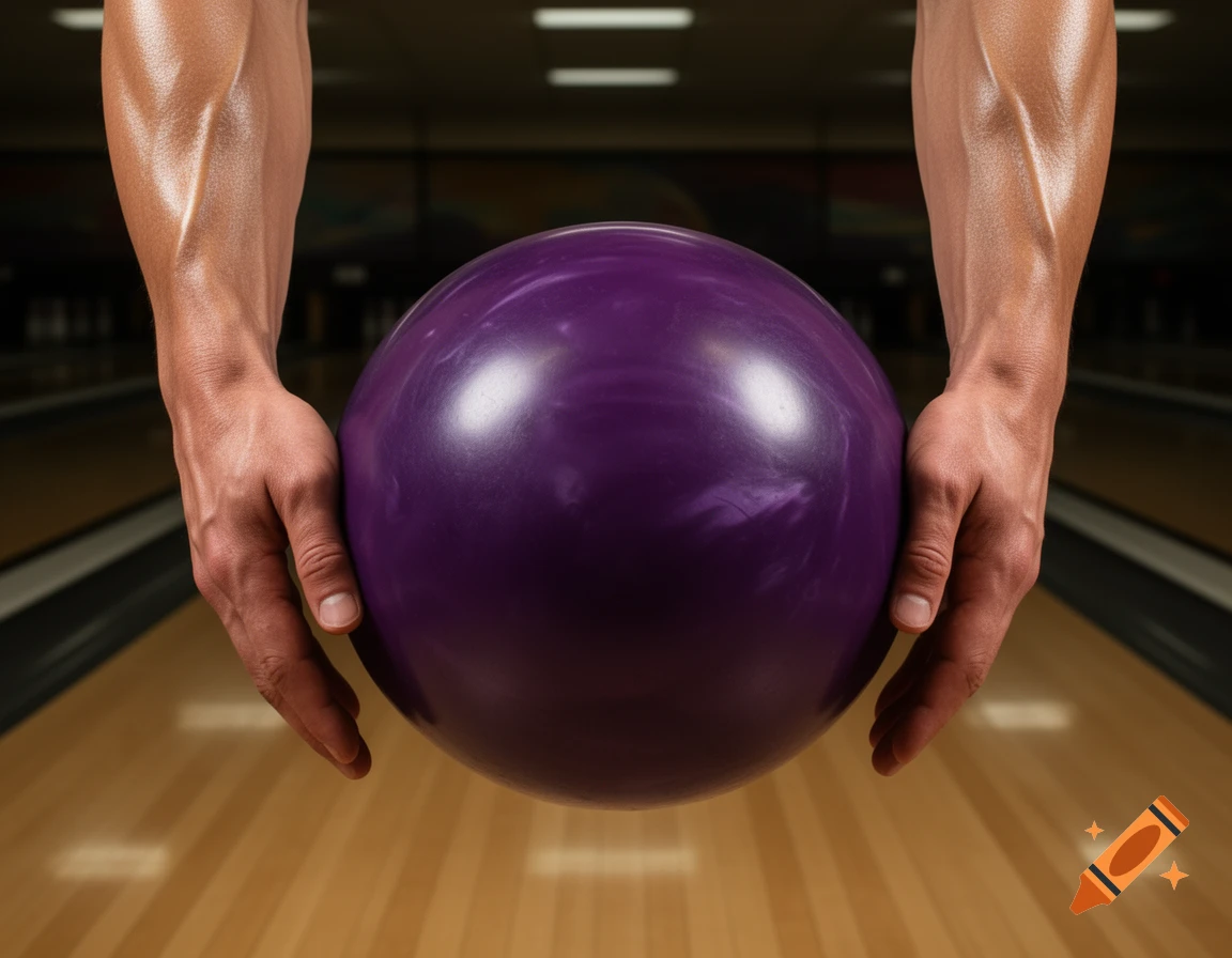 A pair of muscular arms holding a purple bowling ball over a bowling lane.