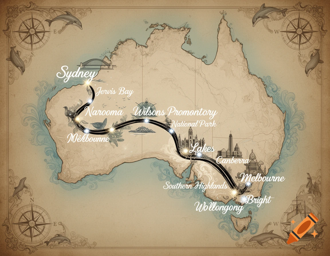 An illustrated antique-style map of Australia with a travel route marked from Sydney down the southeastern coast, highlighting cities like Melbourne and Canberra.