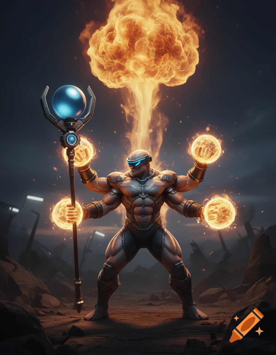 Muscular, multi-armed character with a visor, holding a staff and four fiery orbs under a massive explosion in a desolate landscape.