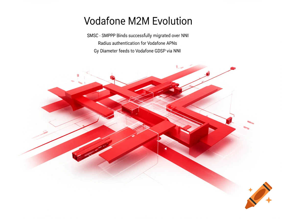 Abstract 3D illustration of red geometric network structures on a white background, with text 'Vodafone M2M Evolution' and migration details.