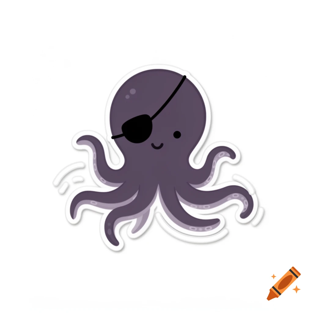 A cute purple cartoon octopus wearing a black pirate eye patch, in sticker style on a white background.