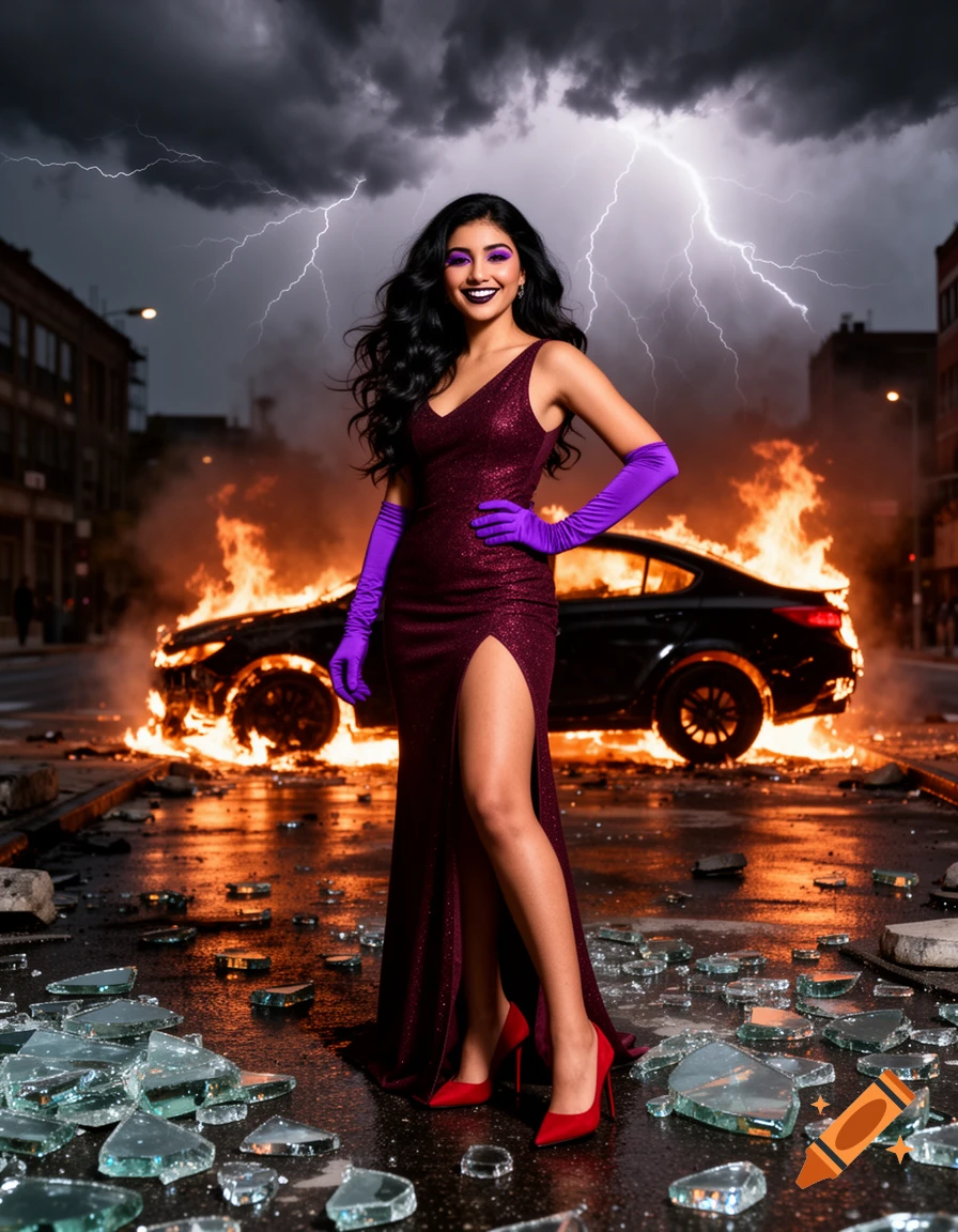 Woman in burgundy gown and purple gloves smiles in a street with a burning car, broken glass, and lightning.