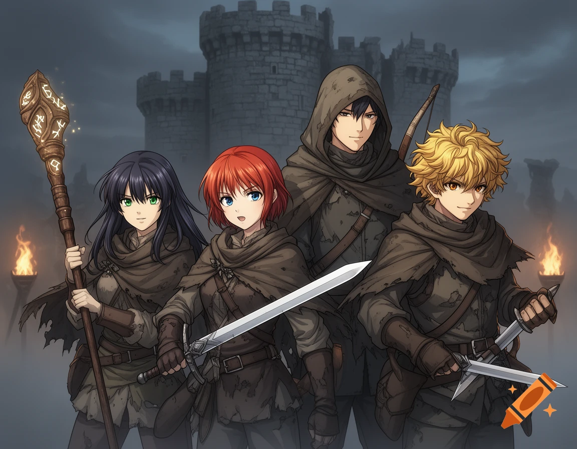 Four anime-style adventurers, two girls and two boys, stand in front of a dark, medieval castle with torches burning in the foggy foreground.