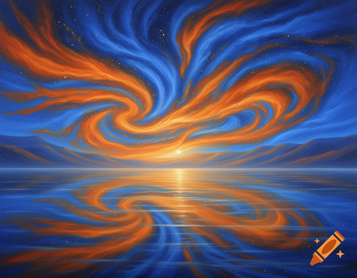 Vibrant abstract painting of swirling orange and blue clouds reflected on calm water with a bright sunset.