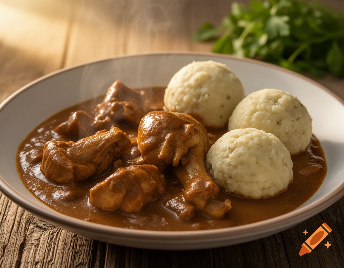 Photorealistic steaming chicken goulash with dumplings in a bowl on a wooden table.