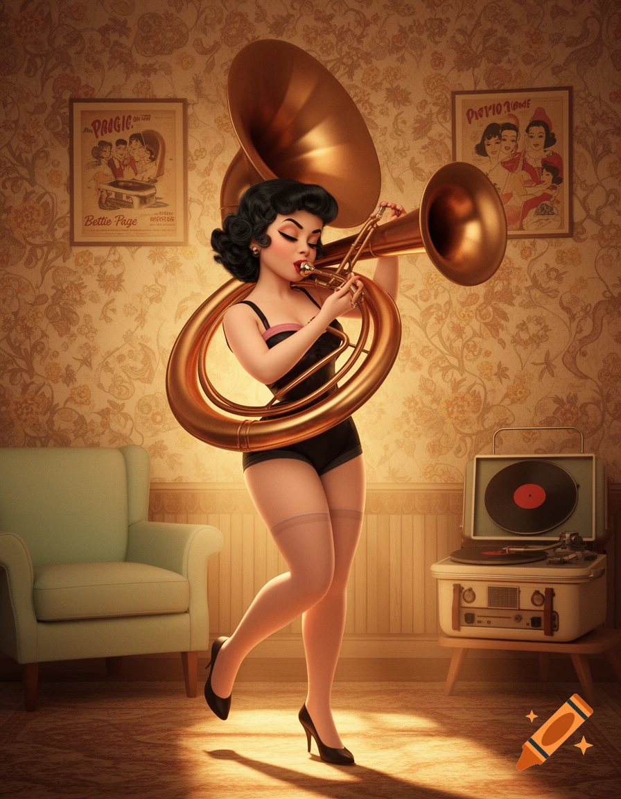 A stylized 3D pin-up woman with dark hair in a black leotard and stockings plays a large bronze sousaphone in a vintage room with patterned wallpaper and posters.