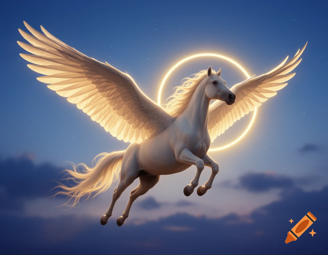 A majestic white Pegasus with golden wings soars gracefully in a blue sky, a bright golden halo glowing behind its head.