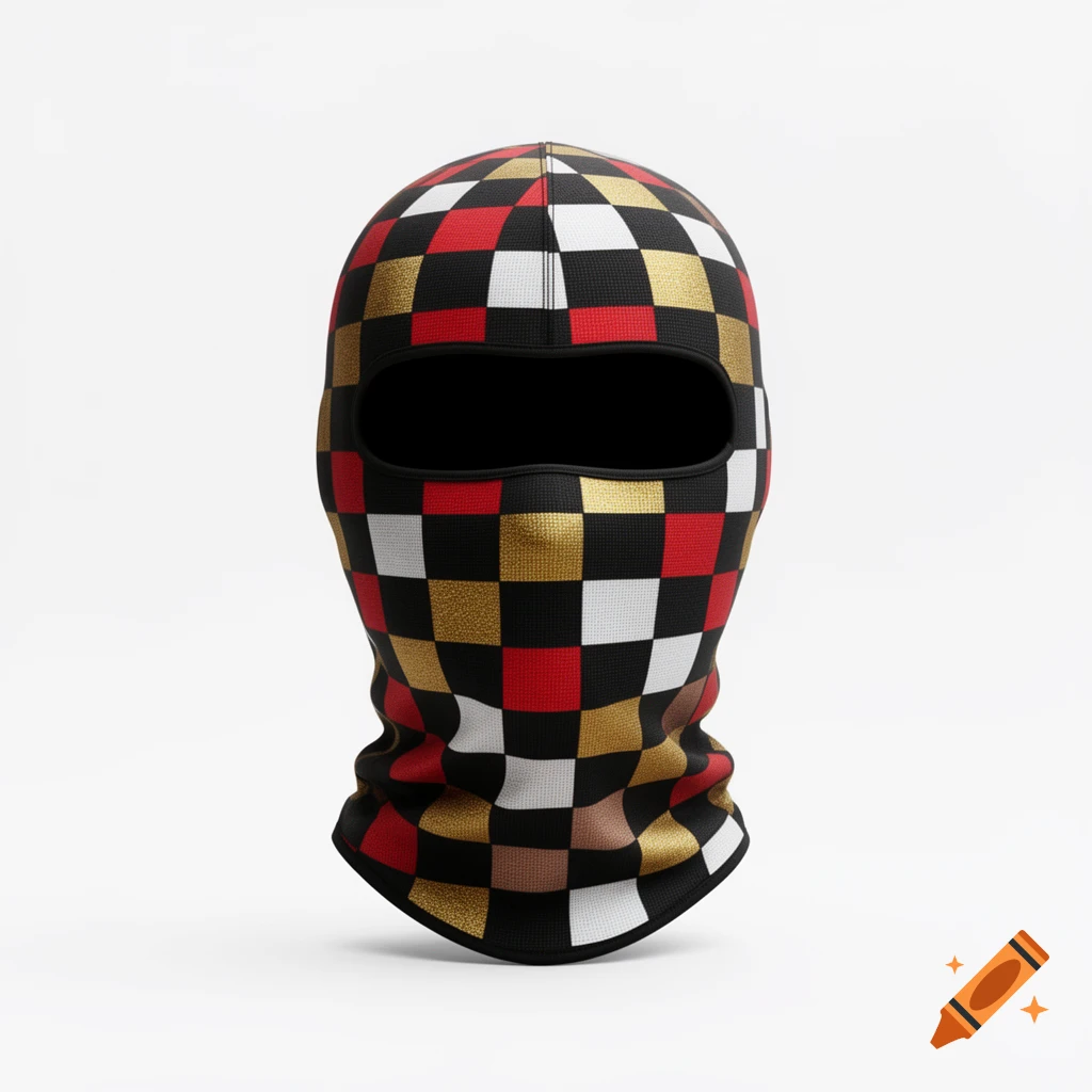 A modern black balaclava with a red, white, gold, and black checkered pattern, shown on a white background.