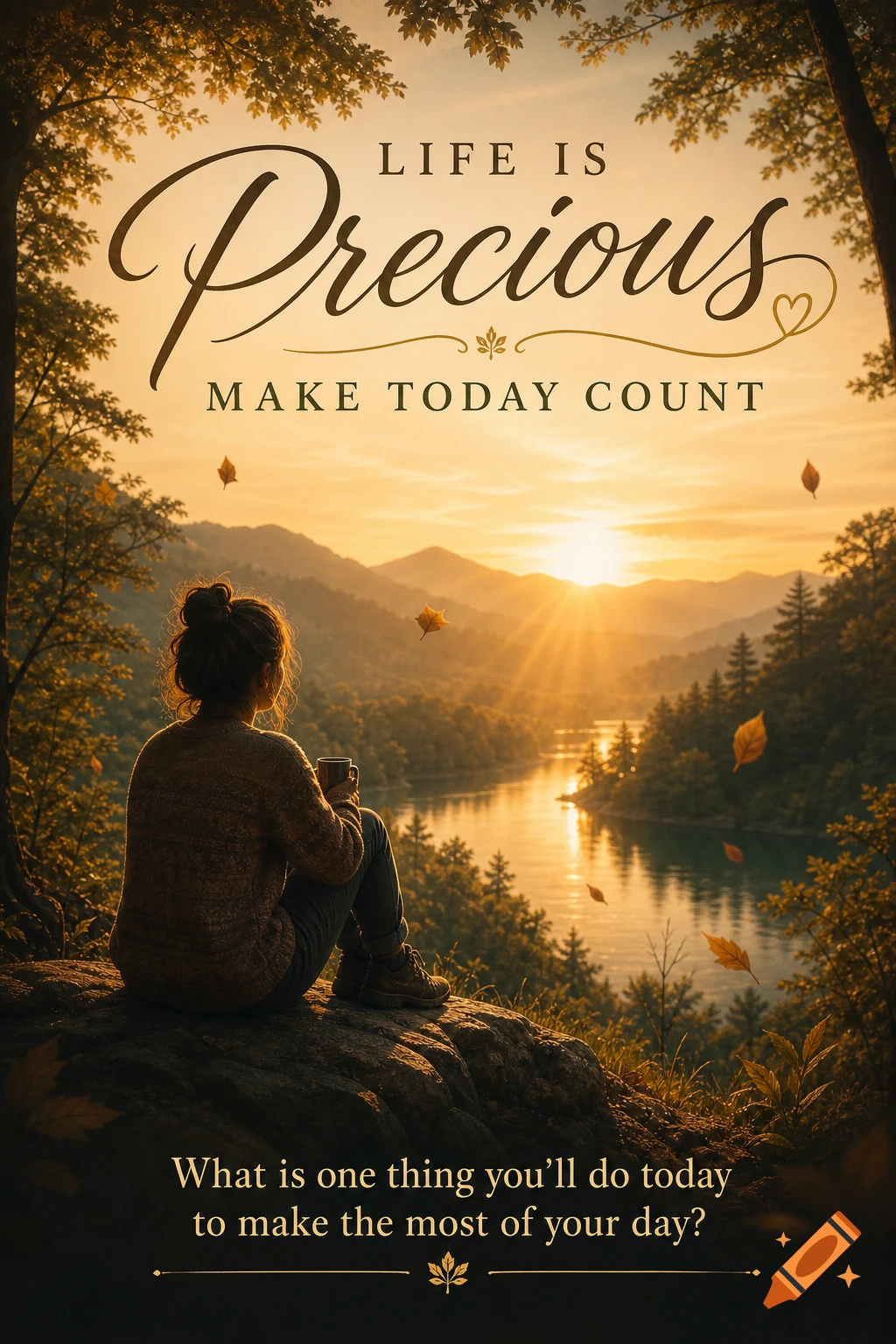 A person on a rock overlooks a golden sunset over a mountain lake, with inspirational text.