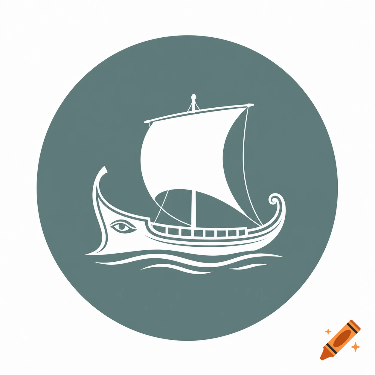 A white silhouette logo of an ancient Greek sailboat with a single sail on waves, set within a dark teal green circle.