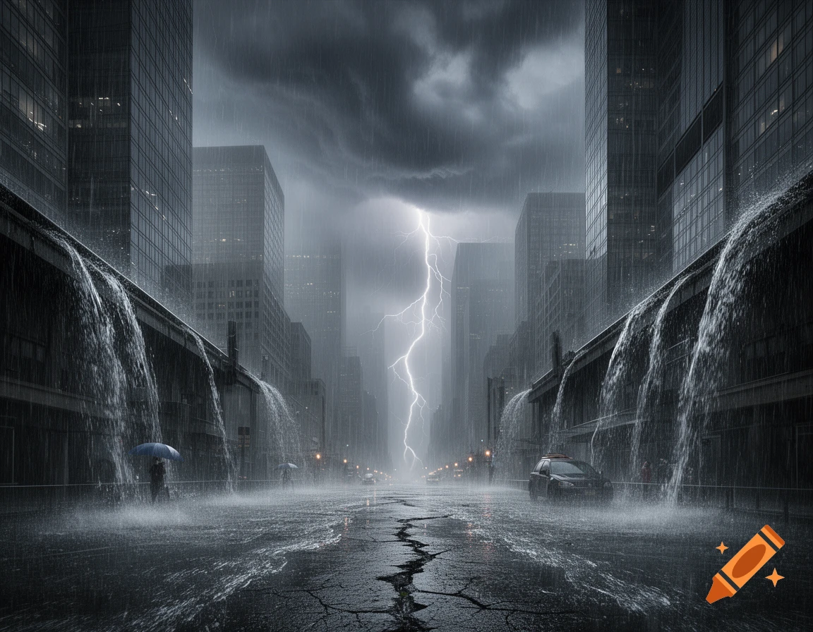 A dark, stormy city street with heavy rain, a bright lightning bolt, tall skyscrapers, and waterfalls cascading from overhead structures.