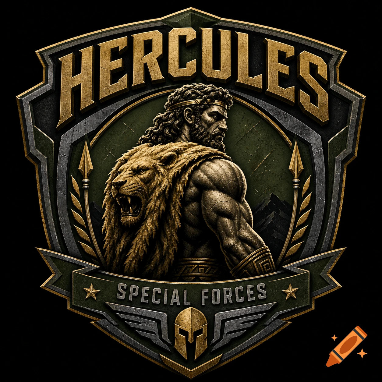 Gold and green shield logo with Hercules wearing a lion pelt, spears, and text 'HERCULES SPECIAL FORCES' and a Spartan helmet.