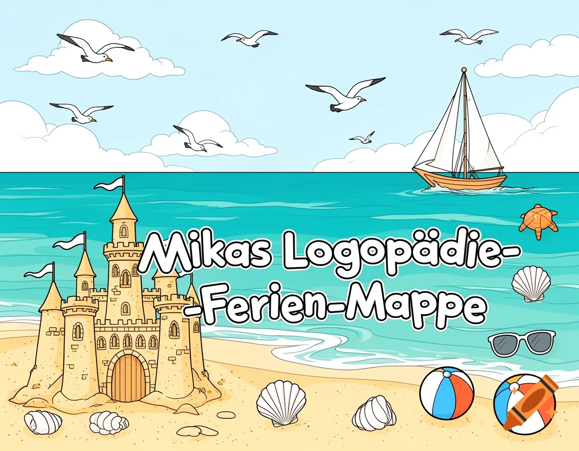 Cartoon illustration of a summer beach scene with a sandcastle, sailboat, seagulls, and beach toys, featuring text 'Mikas Logopädie-Ferien-Mappe'.