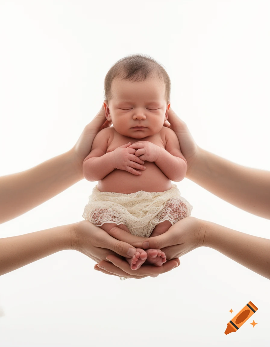 A sleeping newborn baby in a delicate off-white lace cloth is gently cradled by four adult hands against a bright white background.