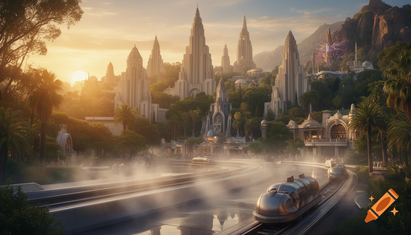 A photorealistic image of a futuristic city with tall, elegant buildings, lush greenery, and maglev trains at sunset.