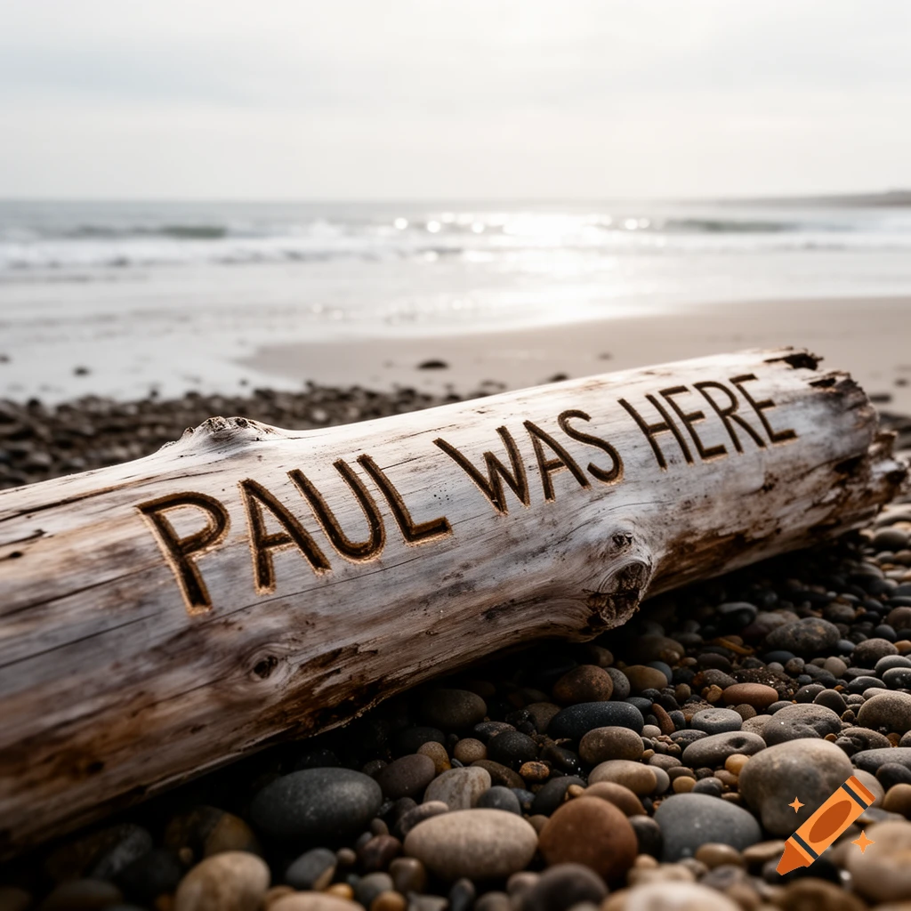 Photorealistic close-up of driftwood with 'PAUL WAS HERE' carved into it, lying on a pebble beach with ocean waves in the background.