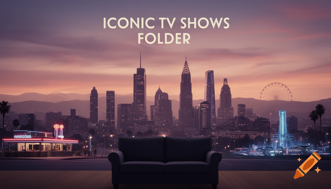 A stylized cityscape at sunset with a dark couch in the foreground. Large text reads "ICONIC TV SHOWS FOLDER" above the skyline.