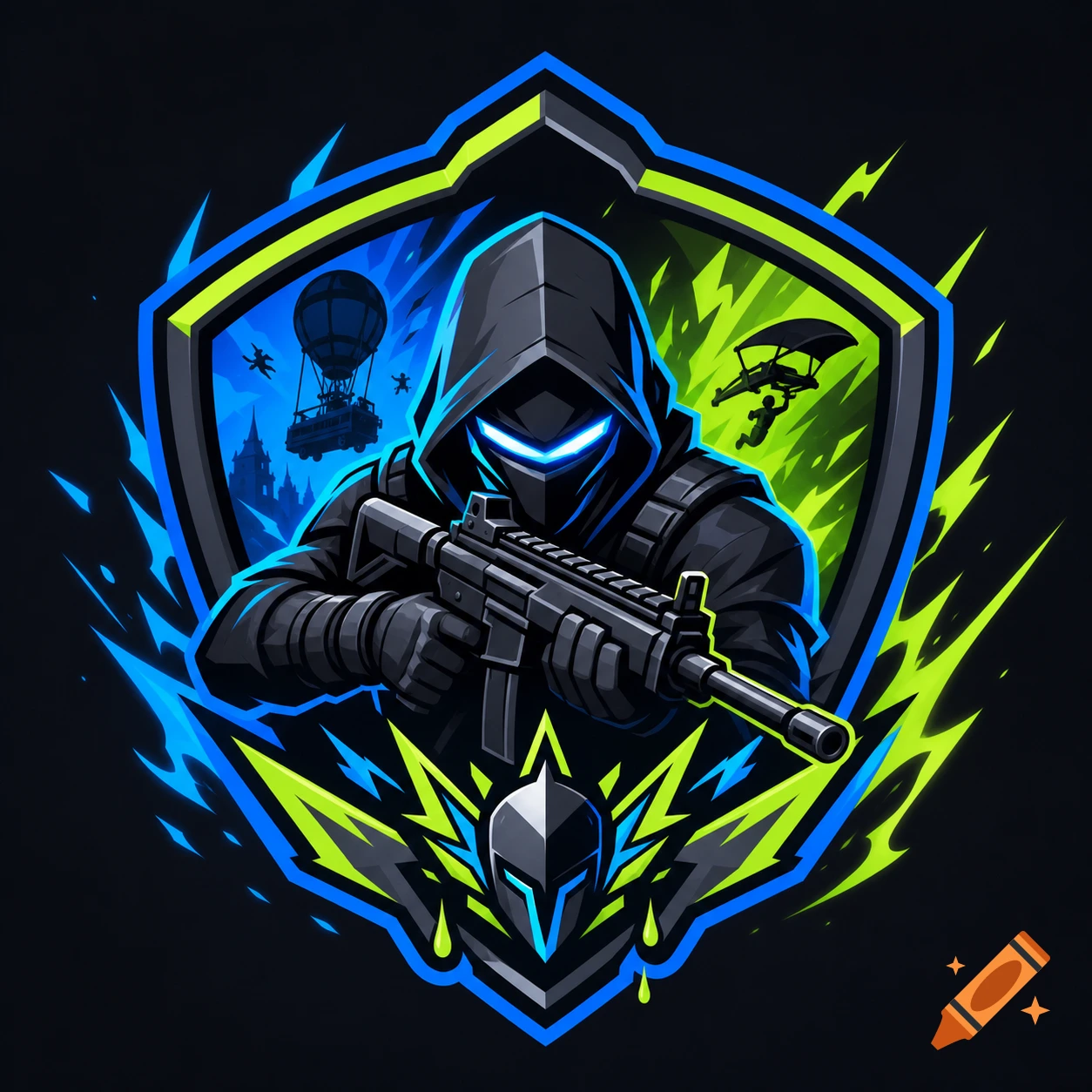 Stylized esports logo of a hooded character in tactical gear holding a rifle within a blue and green shield emblem, with gaming elements in the background.