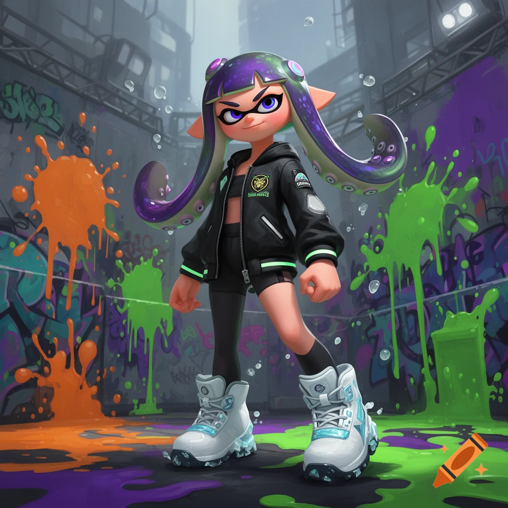 Stylized Splatoon Octoling in a black jacket and white boots, standing in an urban setting with colorful paint splatters.