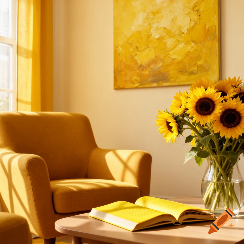 A cozy, sunlit living room with a yellow armchair, a table holding an open yellow book, and a vase of vibrant sunflowers.