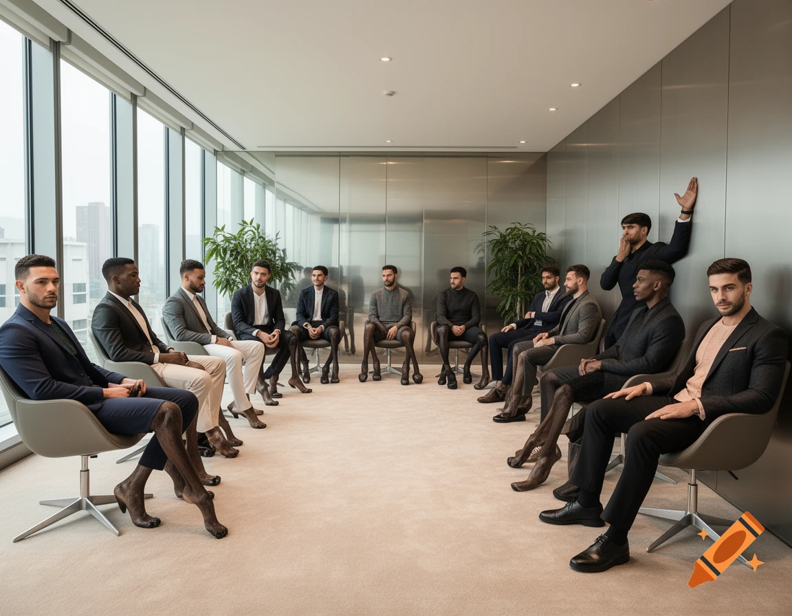 Men in suits with four legs sit in a modern office waiting room, some looking at the viewer.