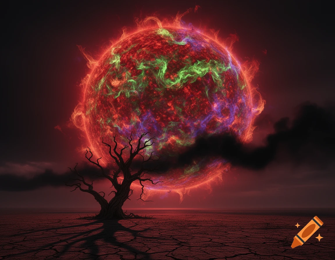 A large, fiery red and green planet or sun hangs over a desolate, cracked red landscape with a silhouetted dead tree.