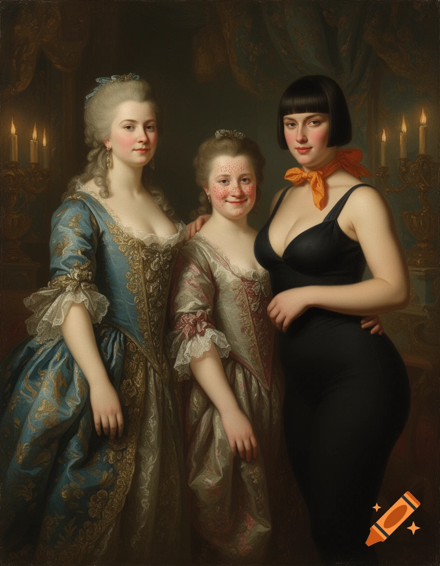 An oil painting of three women: two in Rococo gowns, and one in a black modern bodysuit with an orange scarf, against a candlelit background.