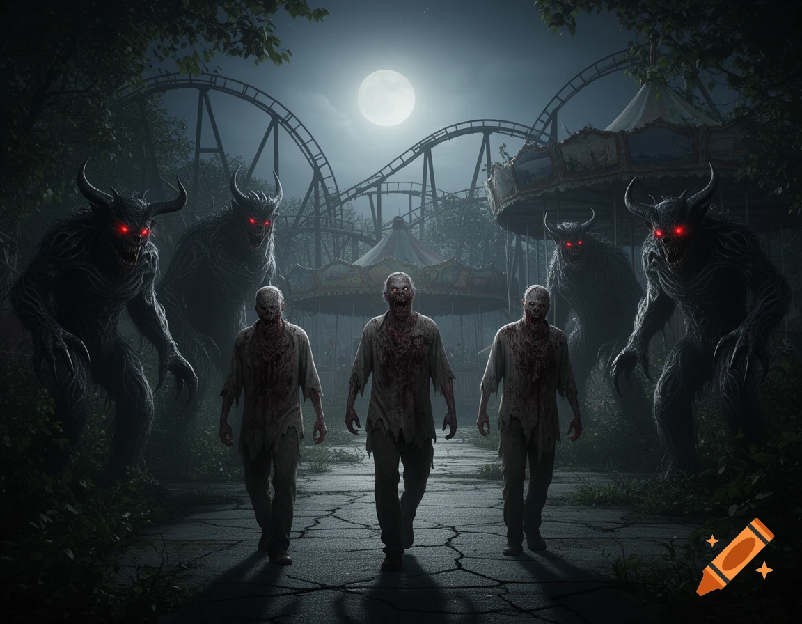 Three blood-splattered zombies and four horned monsters with glowing red eyes walk through a dark, abandoned amusement park under a full moon.
