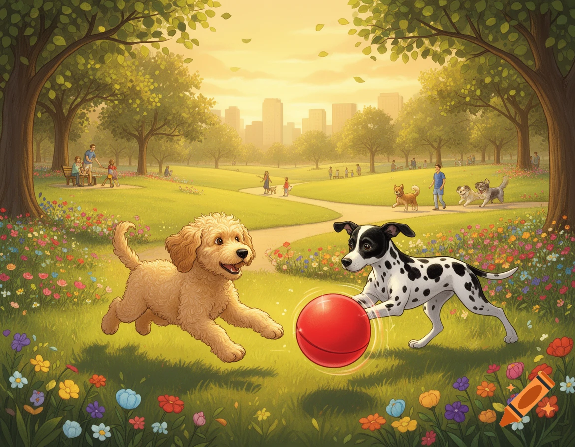A golden labradoodle and a black and white spotted dog play with a red ball in a vibrant, sunny park filled with flowers and trees. People are in the background.